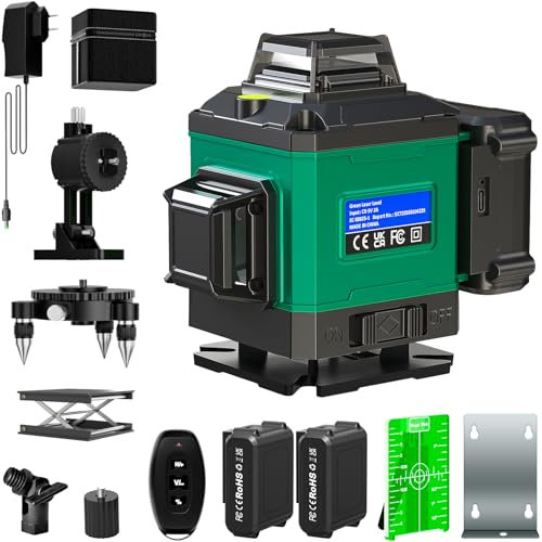 Nível laser automático verde 4 x 360 °, 4D 16 linhas cruzadas horizontal e vertical para interiores, 2 pilhas, suporte giratório, controlo remoto, base magnética, IP54