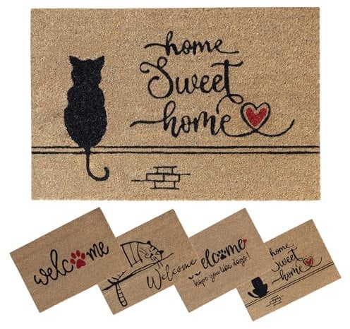 SPOTTED DOG GIFT COMPANY Coir Door Mat, Inside Outside Door Mats, Welcome Mat, Indoor Outdoor Doormats, Front Entrance Doormat, Heavy Duty Non Slip PVC Backing 40x60 Black Cat Home Sweet Home