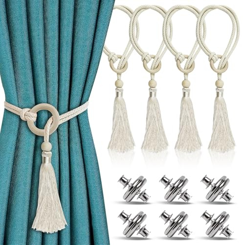 ADNEWX 4 STK Geflochtene Vorhang Raffhalter, 21.7 Zoll Quasten Vorhanghalter Boho Vorhangbänder mit 6 Magnete für Vorhänge (Beige)