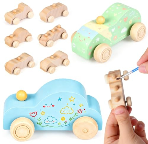 ERINGOGO 6Stücke Teiliges DIY Holzauto für Graffiti zum Holzautos zum Basteln Kreatives Handwerk für Kindergeburtstag und Spielspaß