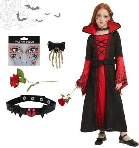 HERMORRYSS Disfraz Vampiresa Niña, Disfraz Vampiro Niña, Set de DisfrazS de Vampiro, Vampiresa Gótica Princesa Reina Traje, Vampira Niñas, Juego de Roles, Cosplay de Carnaval, Halloween (L)