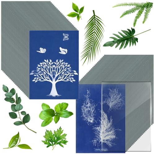 50 Stück A6 Cyanotype Sun Druckpapier Kit - 105 × 148 mm lichtempfindliches Blaudruckpapier mit Kunststoffwerkzeug für Kinder DIY Kunst & Handwerk, kreative Solarfotografie, Sonnenkunstprojekte