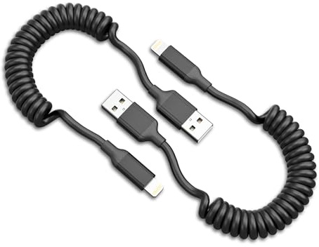 Coiled Lightning Cable [30cm-60cm], 2 Pack Short USB iPhone Charging Cable | 2.4A Retractable Fast Charging Cord for Apple Carplay, for iPhone 14 13 12 11 Pro Max 8 7 6 Plus X SE, Black