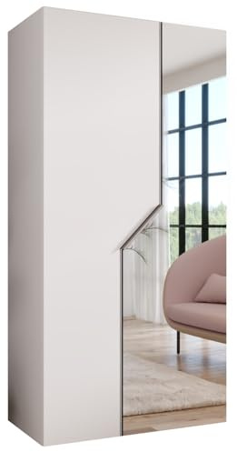 MEBLE KRYSPOL - Kleiderschrank - Garderobenschrank - 100 cm x 202 x 52 cm - Schrank mit Kleiderstange und Spiegel, 2 Türen - für Schlafzimmer, Flur - Andrew, Weiß, Griff Kaschmir