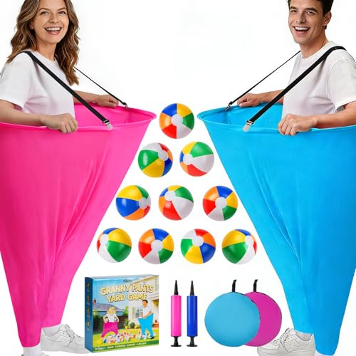 Jeu de Lancer 19 pièces Pantalons de Grand-mère pour Adultes et Adolescents | 2 pantalons géants(100*80cm),10 balles gonflables 2 pompes à air, hilarant Pantalons grand-mère, amille, réunions camping