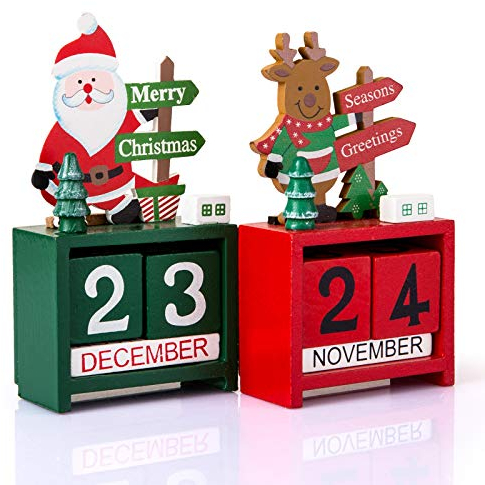 Kesote 2X Adventskalender Tisch Dauerkalender Weihnachtskalender Würfel Holz Bürokalender Weihnachten Deko, Nikolaus und Rentier