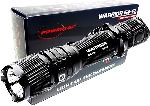 PowerTac Warrior G4-FL - Linterna táctica de mano de 4200 lúmenes (haz ancho), impermeable, recargable por USB y linterna LED magnética de doble carga