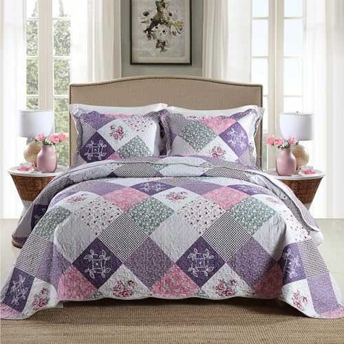 HoneiLife Bettwäsche-Set für Queen-Size-Betten, 3-teilig, Mikrofaser, wendbar, Tagesdecke, Patchwork-Decken, Steppdecken mit geometrischem und kleinen Rosen, Queen-Size-Größe