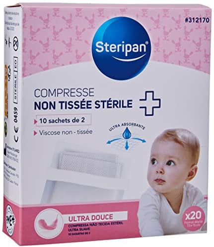 Steripan - Compresse Non Tissée Stérile - Ultra-Douce Bébé - 10 Sachets De 2 Compresses - Ultra Absorbante - Viscose Non-Tissée