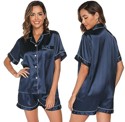GAESHOW Ensemble de Pyjama Deux pièces en Satin de Soie pour Femme, avec Haut à Manches Courtes et Boutons