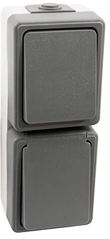 McPower | Feuchtraum Kombi-Dose Secure | Schalter + Steckdose | 250V~ | IP44 | Aufputz | grau | spritzwassergeschützt | vertikale Montage