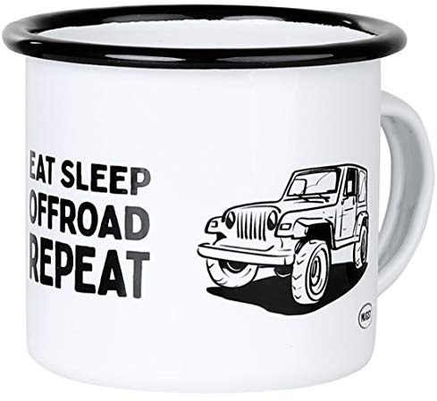 MUGSY Emaille Becher, Geländewagen, Eat Sleep Offroad Repeat, 300ml, leicht & bruchfest