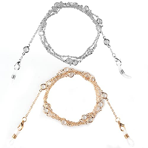Zeayebsr 2 StückeBrillenkette für Frauen Transparenter Zirkon Sonnenbrillenkette,Brillenhalter,Brillenhalskabel,Schlichte Perlen Sonnenbrillenkette Gold Gesichtsmaske Kette Brillenkette Zubehör