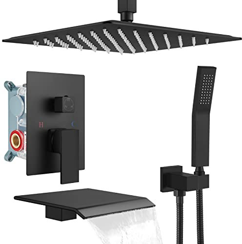 gotonovo Robinet mitigeur de douche avec bec cascade et pommeau de douche carré effet pluie 30,5 cm Noir mat