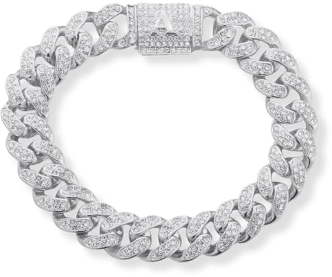 Halukakah Über 400 Diamanten Platin Weißgold Vergoldet Kubanisches Gliederkettenarmband für Damen und Herren, Initiale A Blasenbuchstabenverschluss – mit Geschenkbox - Geschenkidee für Ihre Lieben