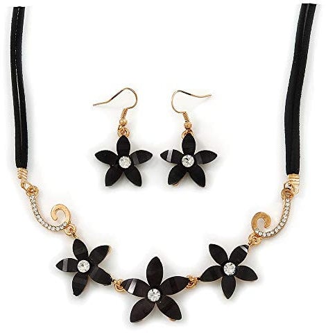 Avalaya Black, Crystal Floral Necklace On Suede Cords & Drop Earrings Set in Gold Tone - 42cm Length/ 7cm Extender