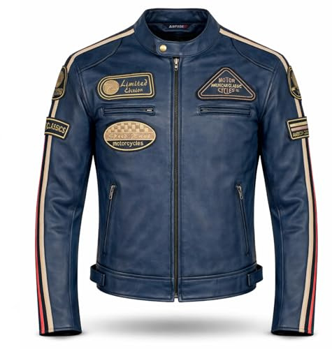 PRO FUTURE Giubbotto Moto in pelle da Uomo ASPIDEX Vintage Custom & Café Race Stile Harley (3XL, BLU)