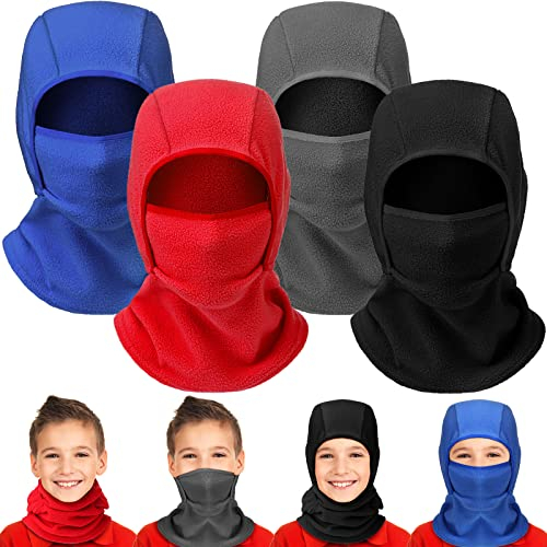 Sintege 4 Kinder Balaclava Sturmhauben Warme Fleece Gesichtshauben Winddichte Winter Skimasken (Schwarz, Grau, Rot, Blau)