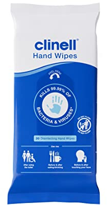 Clinell Antimicrobial Hand Wipes for Cleaning & Disinfecting - Sanitising Wipes, Ideal for Travel - Dermatologically Tested, Kills 99.99% of Bacteria & Viruses* - Pack of 30 Wipes, Blue, Pack of 1