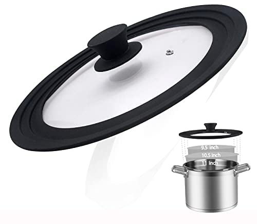 Tapa universal para ollas, sartenes y sartenes, vidrio templado con borde de silicona resistente al calor y mango resistente al calor, se adapta a utensilios de cocina de 9.5 pulgadas, 10.5 pulgadas y
