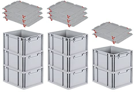 PROREGAL SuperSparSet 8x Eurobox NextGen Grip mit Auflagedeckel & 4 roten Schiebeschnappverschlüssen, HxBxT 22x30x40cm, 20 L, Grau, Griffe geschlossen, Eurobehälter, Transportbox