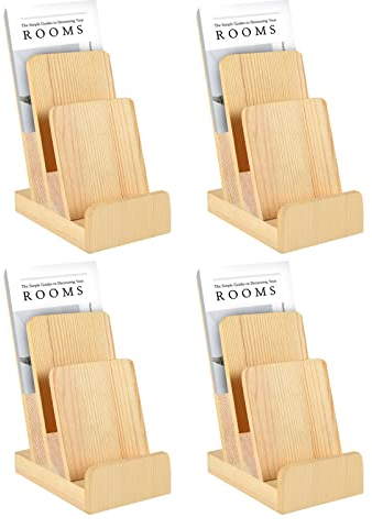 DOSTATNI Lot de 4 présentoirs à 3 niveaux en bois de pin pour brochures, cartes postales et comptoir, présentoir en bois pour magazines, brochures, menus