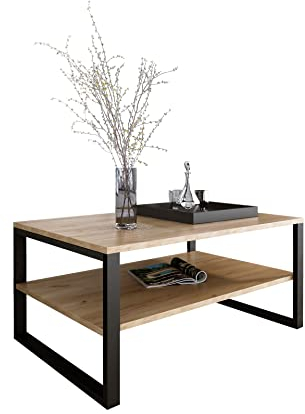 Design Möbel Couchtisch Rechteckig Wohnzimmertisch Kaffeetisch Sofatisch Tischplatte Tisch mit unterer Ablage Beine aus Metall Industrieller Stil Basic (GOLDENE Eiche)
