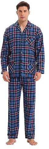GLOBAL Mens Pyjama Sets | 100% Cotton Soft Flannel Pjs | Long-Sleeve Top Elastic and Drawstring Bottoms Red/Blue/Gray, Plaid M