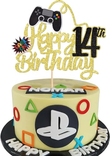 SYKYCTCY 1 Pack Video Game Happy 14th Birthday Cake Topper Glitter Video Game Cake Pick Game On Controllers Fourteenth Cheers to 14 Years Cake Decoration for Happy 14th Birthday Party Supplies Gold