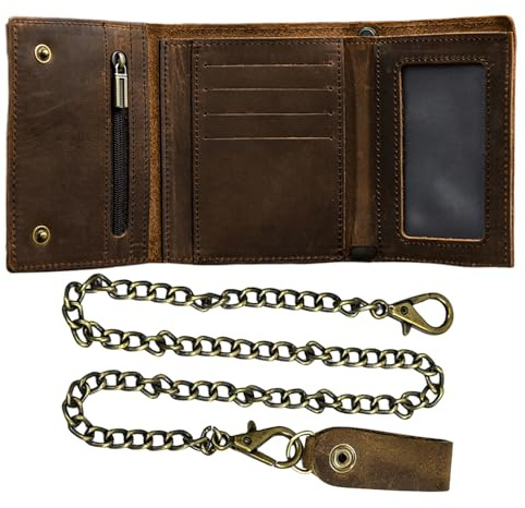 WBQMUNY Men's Tri-fold Vintage Biker Cowhide Top Grain Leather Steel Chain Wallet, Chain Wallets for Men Cow Leather Wallet, Snap Closure