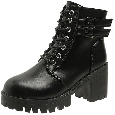 Onsoyours Stivali da Donna Boots Gothic Chunky Anfibi Scarpe con Zip Tacco Medio Punta Tonda Moda Stivaletti alla Caviglia con Lacci Autunno Inverno Primavera A Nero 39 EU
