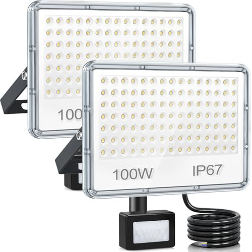 YIQIBRO Projecteur LED Exterieur Detecteur de Mouvement 100W, Lot de 2 Spot LED Extérieur Detecteur de Mouvement 10000LM 6500K, IP67 Etanche Eclairage pour Jardin Patio Garage