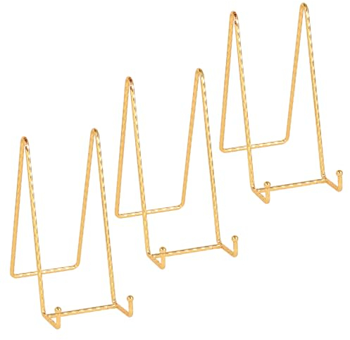 Plate Holder Easel Display Stand - 8 inch Large Plate Stands - Twisted Metal Wire Easels for Displaying Decorative Plates | Picture Frame | Painting | Plaque | Cookbook | Canvas Art - 3 Pack - Gold