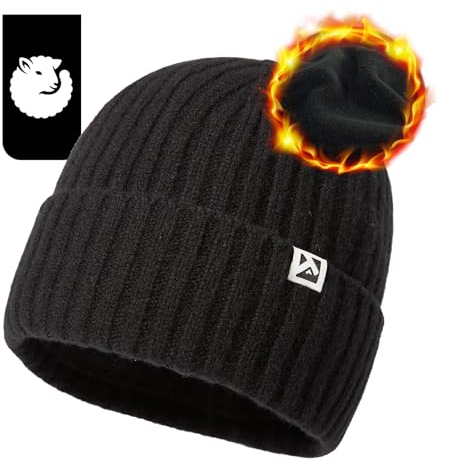 TOP-EX Übergroße Herren Damen 100% Merinowolle Winter Beanie mit Fleece-Futter Strickmütze für große Köpfe langlebige Mütze für kaltes Wetter warm Schwarz Medium/Large