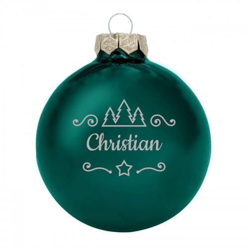 Deitert Weihnachtskugel mit Namen oder Wunschtext graviert, Ø 8cm, personalisierte Christbaumkugel aus Glas (glänzend), individueller Weihnachtsbaumschmuck mit Gravur, Tannen-Motiv, Dunkelpetrol