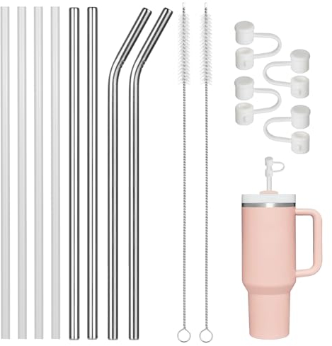 TRUEIN 8 Pcs Reusable Straws for Stanley 40oz Cup, 30cm/11.8in Reusable Metal Drinking Straws with 2 Cleaning Brushes and 4 Straw Covers, Plastic Replacement Straws for Stanley Adventure Tumbler