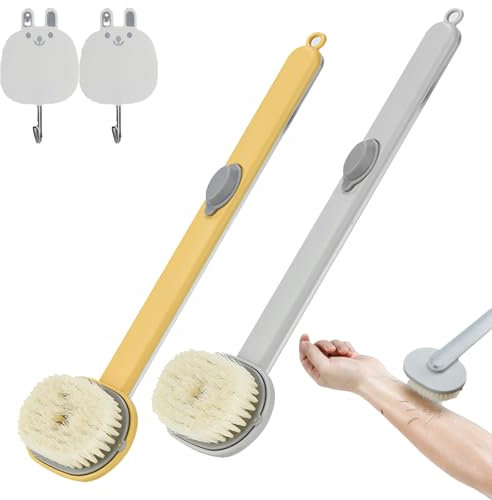 2 Pack Long Handle Bath Massage Cleaning Brush with Soap Dispenser, Soft Bristle Bath Shower Brush Back Scrubber Body Exfoliator Brush for Shower for Women and Men (Yellow+Grey)