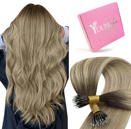 YoungSee Nano Hair Extensions Real Human Hair Brown 24 inch 50g Long Hair | Nano Ring Hair Extensions Dark Brown Ombre Light Brown with Blonde,Pre Bonded Human Hair Extensions for Salon,Long Lasting