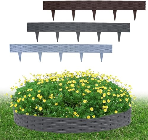 FIVMEN Rasenkante Beeteinfassung Kunststoff Beetumrandung Beetbegrenzung Mähkante Rattan-Optik Flexible Gartenpalisade Rasenkantenband 10cm hoch - 10M 10 Stück, Grau