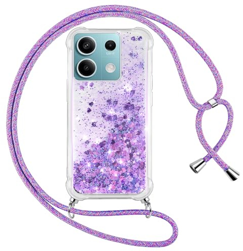Vauki handyband für Xiaomi Redmi Note 13 5G Hülle mit Band,Silikon Durchsichtig Transparent Flüssig Glitzer mit Kette Kordel Bumper Treibsand Necklace TPU Schutzhülle Case, Violet