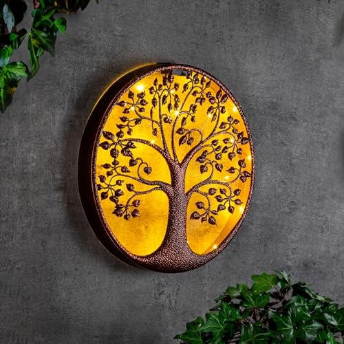 Spetebo LED Solar Wanddeko BAUM antik bronze - 40 cm - Metall Wand Bild warm weiß beleuchtet - Garten Deko Beleuchtung Terrasse Balkon Dekoration