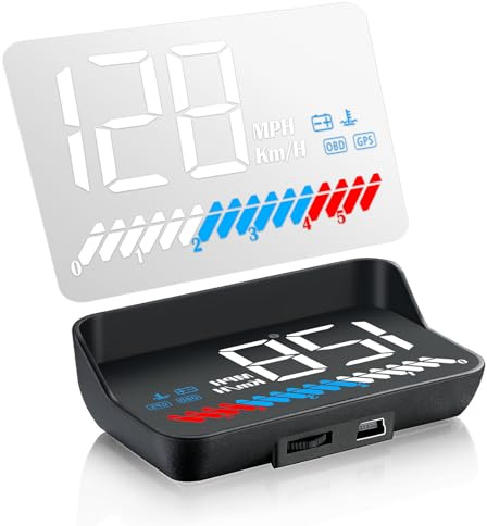 M7 Auto Head-Up-Display (HUD) 3.5 OBD2+GPS Dualsystem - Digitaler Tachometer & Geschwindigkeitsmesser (km/h) mit Übergeschwindigkeits- & Temperaturalarm - Weiße Display-Schrift, Sonnenlichtsichtbar