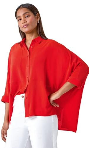 Roman Relaxed Smart Stretch Shirt for Women UK - Ladies Spring Everyday Summer Break 3/4 Length Sleeve Soft Classic Collar Comfy Lightweight Blouse Vacation Tops - Orange - Size 16