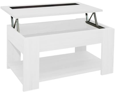 Acomoda Textil – Mesa de Centro Elevable para Almacenamiento de Madera. Mesita Amplia y Cómoda para Salón y Comedor 46x90x50 cm. (Blanco)