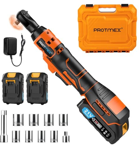 Protmex 3/8'' Cordless Ratchet Wrench, 60FT-LBS (80N.m) Electric Ratchet with 21V 2 X 2.0Ah Battery, 400 RPM Chargeable Power Ratchet Driver Set with 8 Sockets,1/4 Adaptor, 3 Extension Bar
