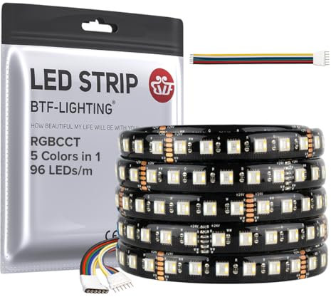 BTF-LIGHTING RGBCCT 5 Farben in 1 5050SMD LED-Streifen DC24V 5M 96LEDs/m 480LEDs RGB+Warmweiß+Kaltweiß Schwarz PCB IP65 Wasserdicht für Zimmer Küche Dekoration(Controller und Netzteil nicht enthalten)
