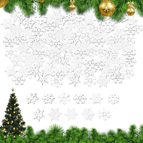 Ellxen 100 Stücke Weihnachtsdeko Schneeflocken Holz,Holzschneeflocken Weihnachtsdekoration, DIY Bastelset, für Weihnachts Tischdekoration Winter Feiern(2.5 * 3.5cm)