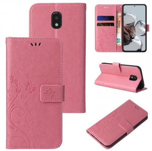 LBH Étui de protection pour téléphone portable Samsung Galaxy J3 (2017) - Papillons et fleurs - Fonction support - Fermeture magnétique - Protection complète à 360° - Or rose