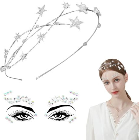Stern Haarreif, Silber Haarreifen Damen Glitzer, Haarreif Fasching, Stirnband Sterne(Aufsatz 1 stück Gesichtstattoo Glitzer), Haarschmuck Hochzeit, Weihnachten Stirnbänder, für Festival Damen Braut