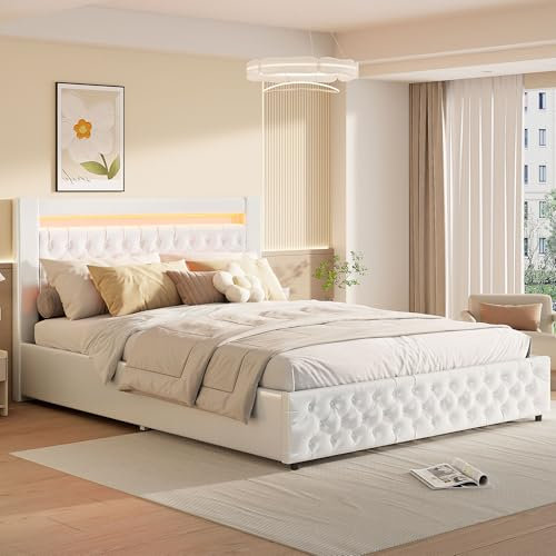 Luxuriöses Polsterbett 180 x 200 cm, Doppelbett mit LED-Beleuchtung und Stauraum, gepolstertes Bett mit Lattenrost und Air-Bar, Stauraumbett in Knopfoptik mit modernem Flair (180x200cm)